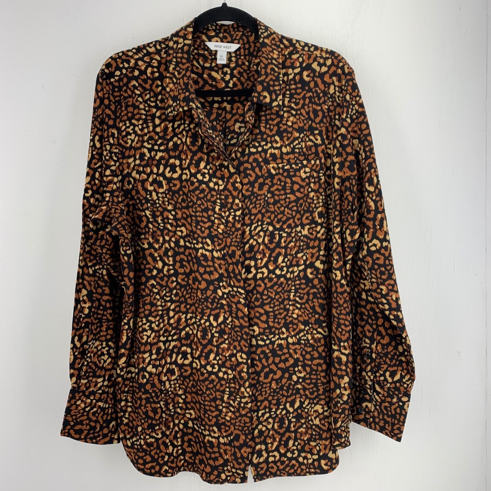 Nine West Womens XL Leopard Animal Print Button Up Casual Top Mob Wife Chic Bold